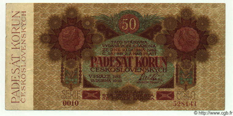 50 Korun TCHÉCOSLOVAQUIE  1919 P.010a TTB