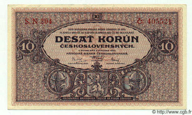10 Korun TCHÉCOSLOVAQUIE  1927 P.020a SPL