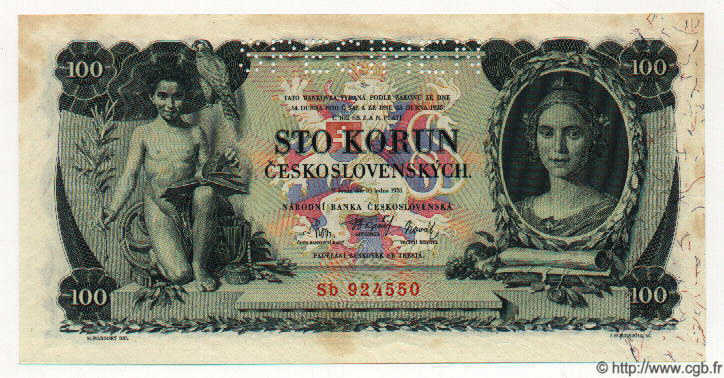 100 Korun Spécimen TCHÉCOSLOVAQUIE  1931 P.023s NEUF