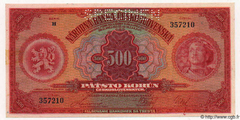 500 Korun Spécimen TCHÉCOSLOVAQUIE  1929 P.024s SPL