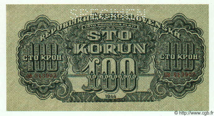 100 Korun Spécimen TCHÉCOSLOVAQUIE  1944 P.048s SPL