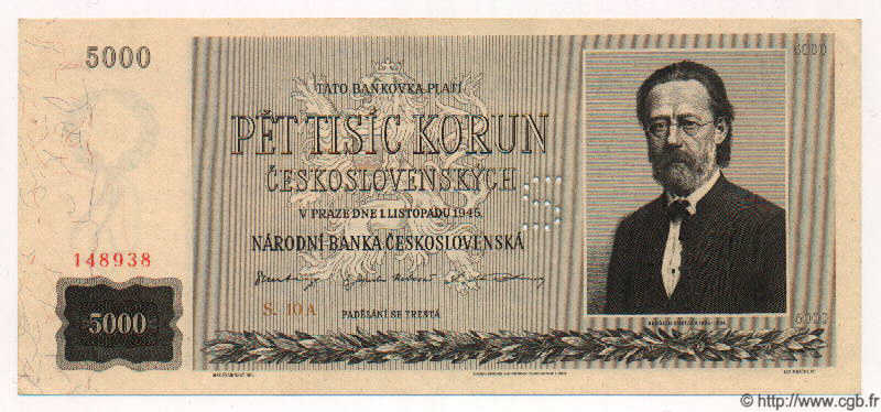 5000 Korun Spécimen TCHÉCOSLOVAQUIE  1945 P.075s pr.NEUF