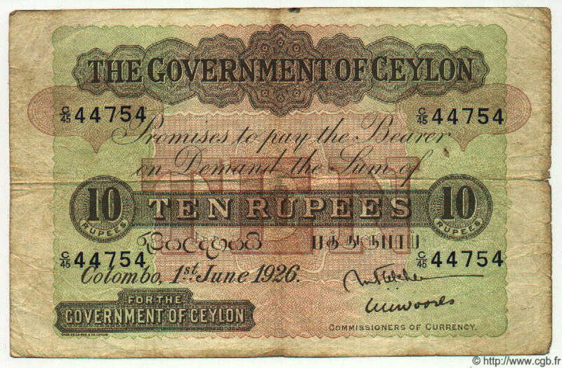 10 Rupees CEYLAN  1926 P.12c TB+