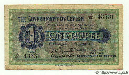 1 Rupee CEYLAN  1929 P.16b TB+