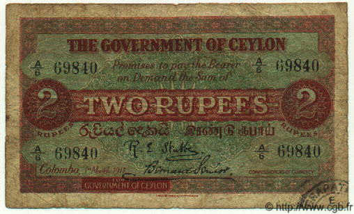 2 Rupees CEYLAN  1917 P.17 B à TB