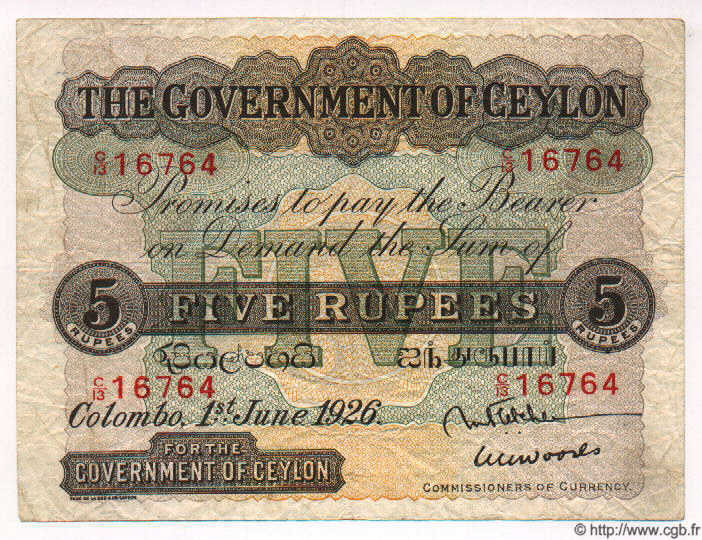 5 Rupees CEYLAN  1926 P.22 TB+