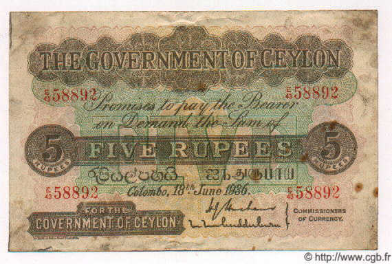 5 Rupees CEYLAN  1936 P.23 TTB