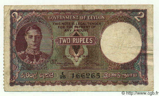 2 Rupees CEYLAN  1945 P.35 TB