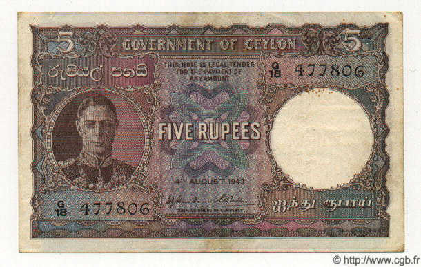 5 Rupees CEYLAN  1943 P.36 TTB+
