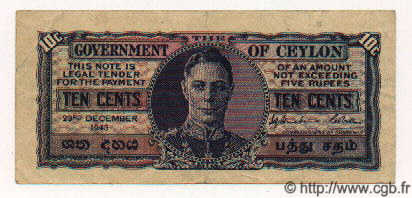 10 Cents CEYLAN  1943 P.43b TTB+