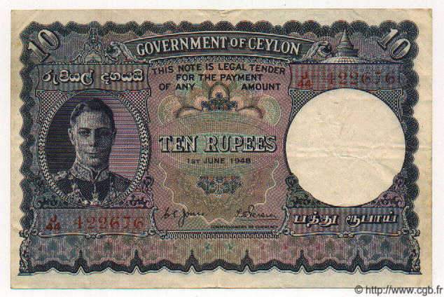 10 Rupees CEYLAN  1948 P.46 TB