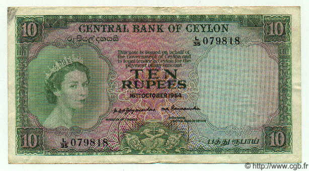 10 Rupees CEYLAN  1954 P.55 TTB