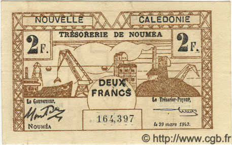 2 Francs NOUVELLE CALÉDONIE  1943 P.56b pr.SUP