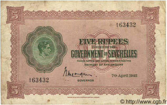 5 Rupees SEYCHELLES  1942 P.08 TB+