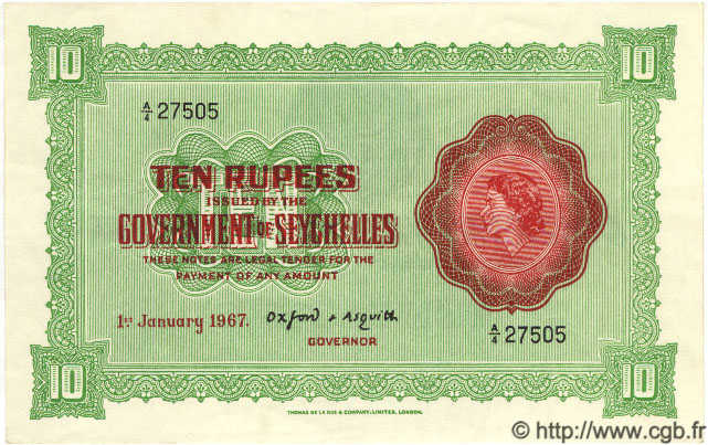 10 Rupees SEYCHELLES  1967 P.12d pr.SPL