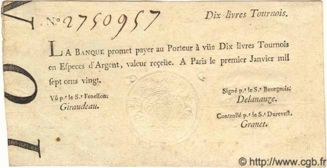 10 Livres Tournois typographié FRANCE 1720 Laf.089 TTB+