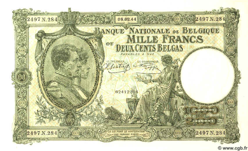 1000 Francs - 200 Belgas BELGIQUE  1944 P.110 pr.NEUF