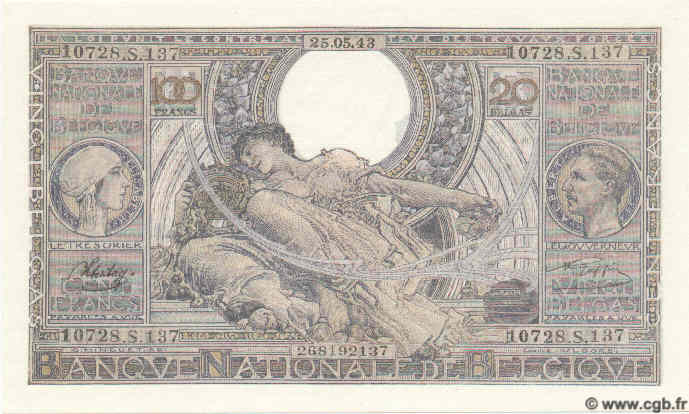100 Francs - 20 Belgas BELGIQUE  1943 P.112 pr.NEUF