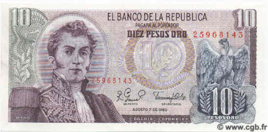 10 Pesos Oro COLOMBIE  1980 P.407g NEUF