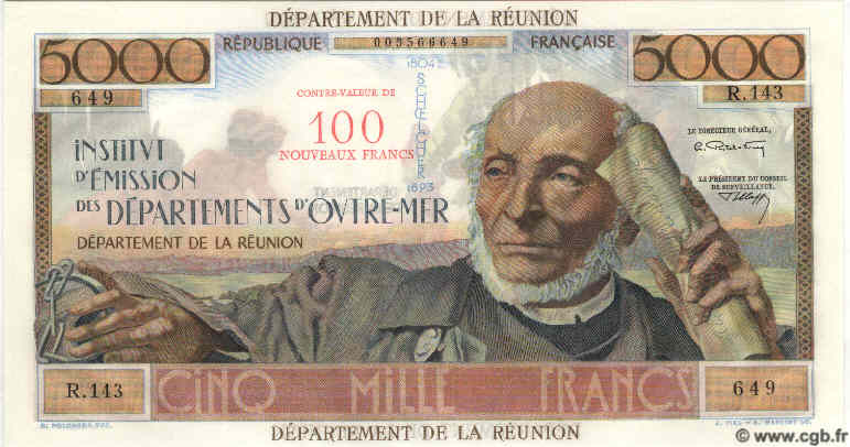 100 NF sur 5000 Francs Schoelcher ÎLE DE LA RÉUNION  1971 P.56b NEUF