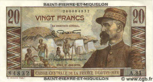 20 Francs Émile Gentil SAINT PIERRE ET MIQUELON  1960 P.24 NEUF