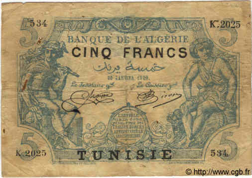 5 Francs Faux TUNISIE  1920 P.01 B+ à TB
