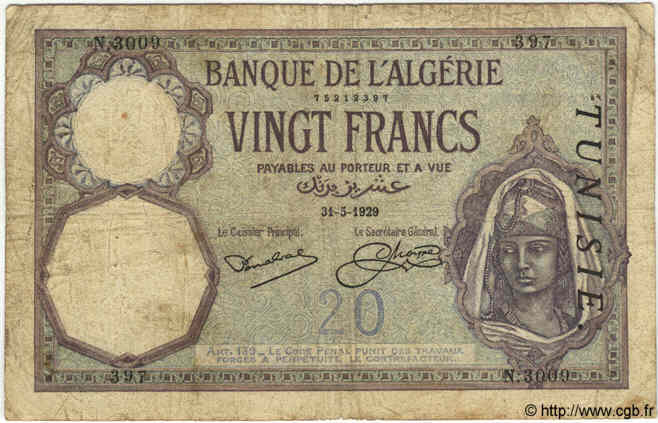 20 Francs TUNISIE  1929 P.06b B+