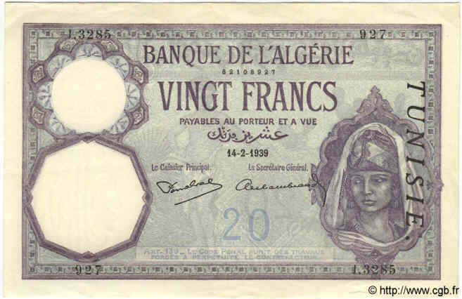 20 Francs TUNISIE  1939 P.06b SPL