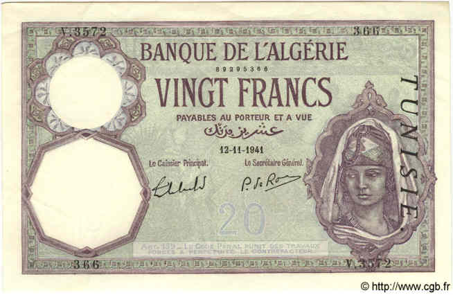 20 Francs TUNISIE  1941 P.06b pr.SPL