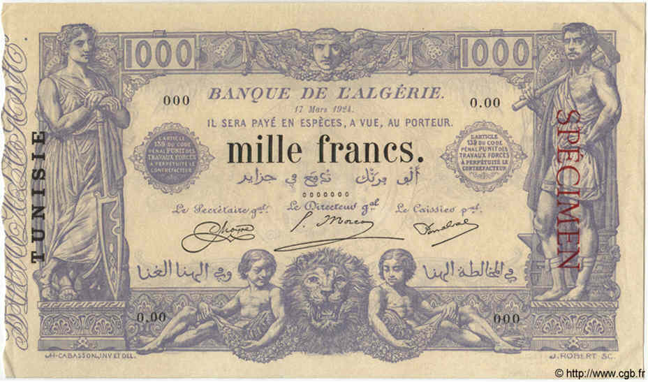 1000 Francs Spécimen TUNISIE  1924 P.07bs pr.NEUF