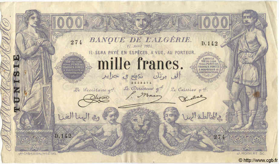 1000 Francs TUNISIE  1924 P.07b TTB à SUP