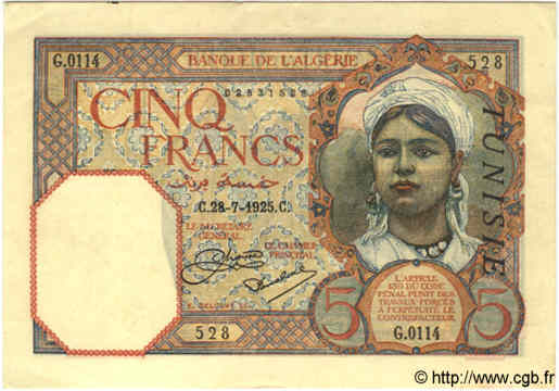 5 Francs TUNISIE  1925 P.08a SPL