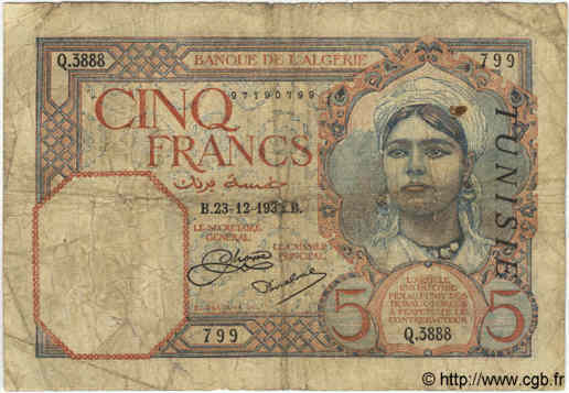 5 Francs TUNISIE  1932 P.08a B
