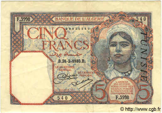 5 Francs TUNISIE  1933 P.08a TTB+