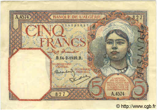 5 Francs TUNISIE  1939 P.08b TTB+ à SUP
