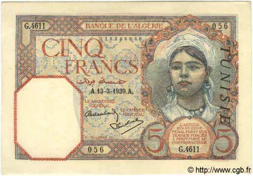 5 Francs TUNISIE  1939 P.08b SPL