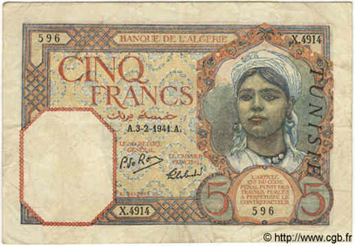 5 Francs TUNISIE  1941 P.08b TB+