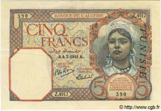 5 Francs TUNISIE  1941 P.08b SUP