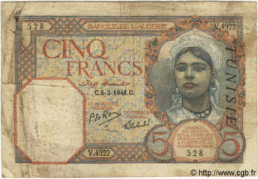 5 Francs TUNISIE  1941 P.08b B+