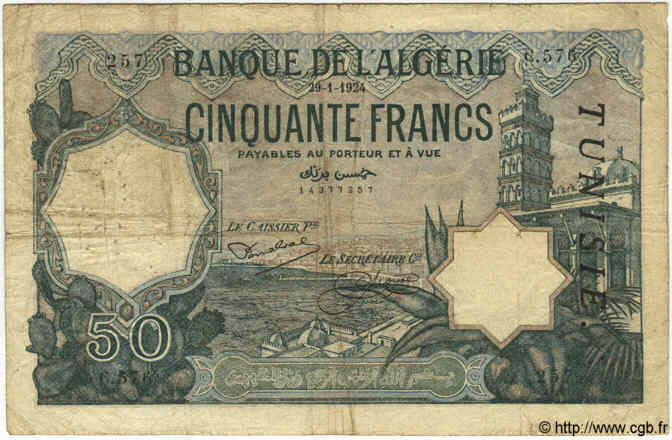 50 Francs TUNISIE  1924 P.09 pr.TB