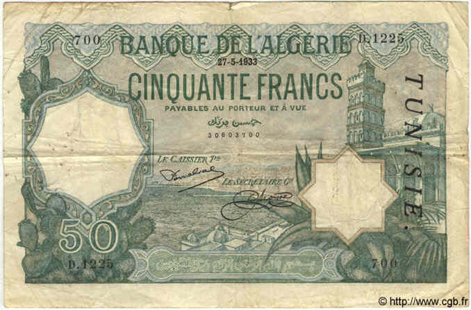 50 Francs TUNISIE  1933 P.09 TB