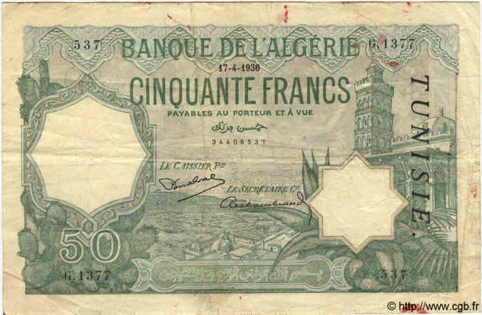 50 Francs TUNISIE  1936 P.09 TB