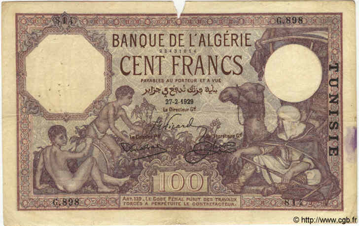 100 Francs TUNISIE  1929 P.10a TB