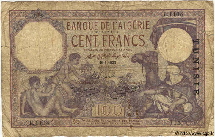 100 Francs TUNISIE  1933 P.10b AB