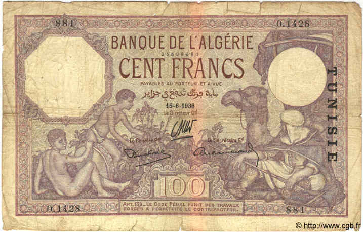 100 Francs TUNISIE  1936 P.10c AB