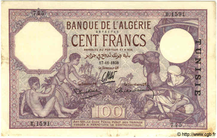 100 Francs TUNISIE  1938 P.10c pr.TTB