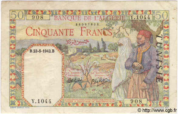 50 Francs TUNISIE  1942 P.12a TB