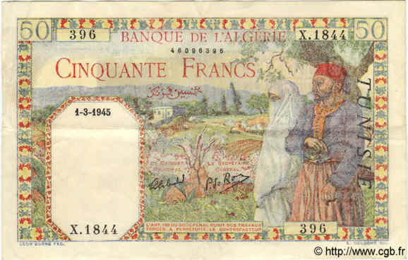 50 Francs TUNISIE  1945 P.12b SUP