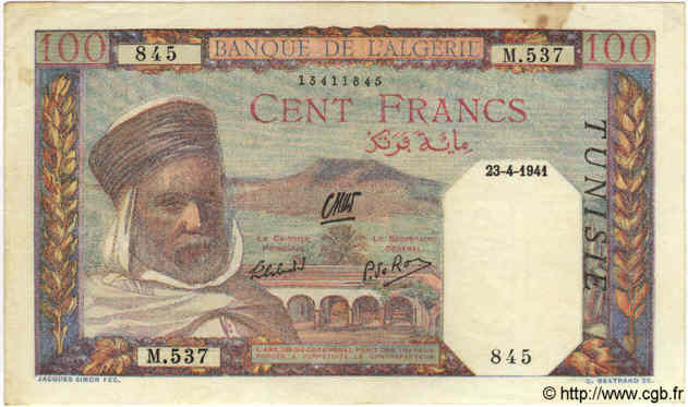 100 Francs TUNISIE  1941 P.13a TTB+