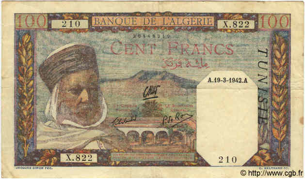 100 Francs TUNISIE  1942 P.13b TTB